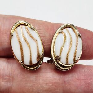 Vintage Copper Aventurine Stripes And White Glass Clip On Stud Earrings